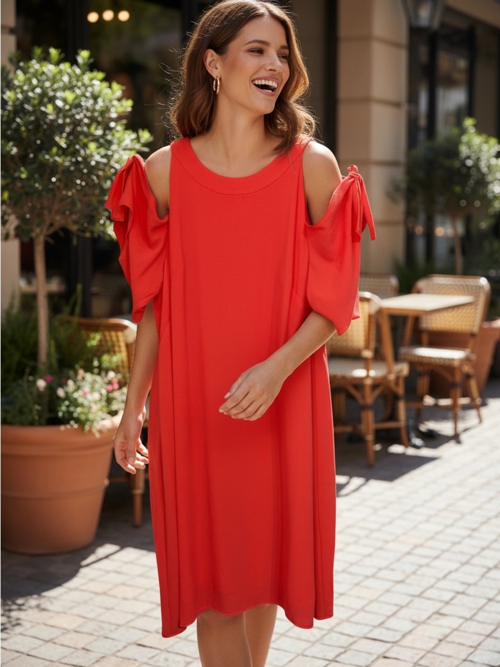 London Times Open Orange Cold-Shoulder Tie-Sleeve Shift Dress